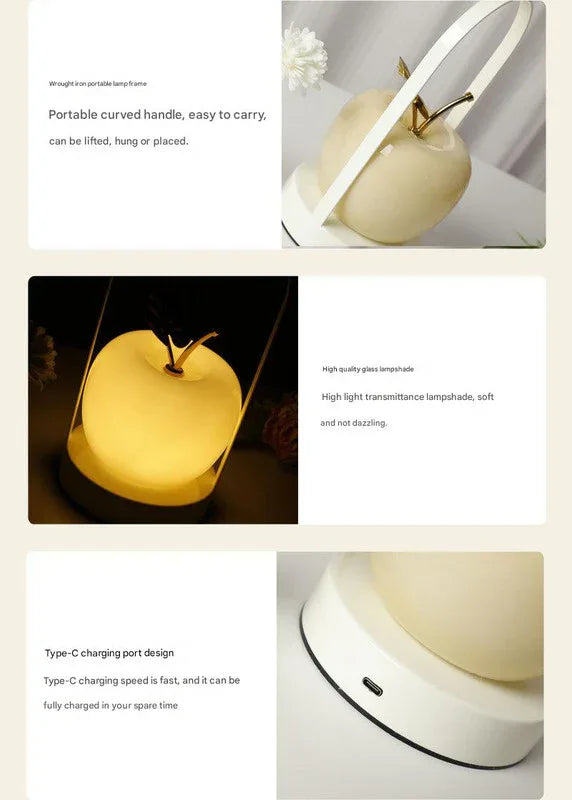 Yellow Decorative Apple Table Lamp - USB-C, 3 Light Modes, Metal Handle - Mekamart Australia