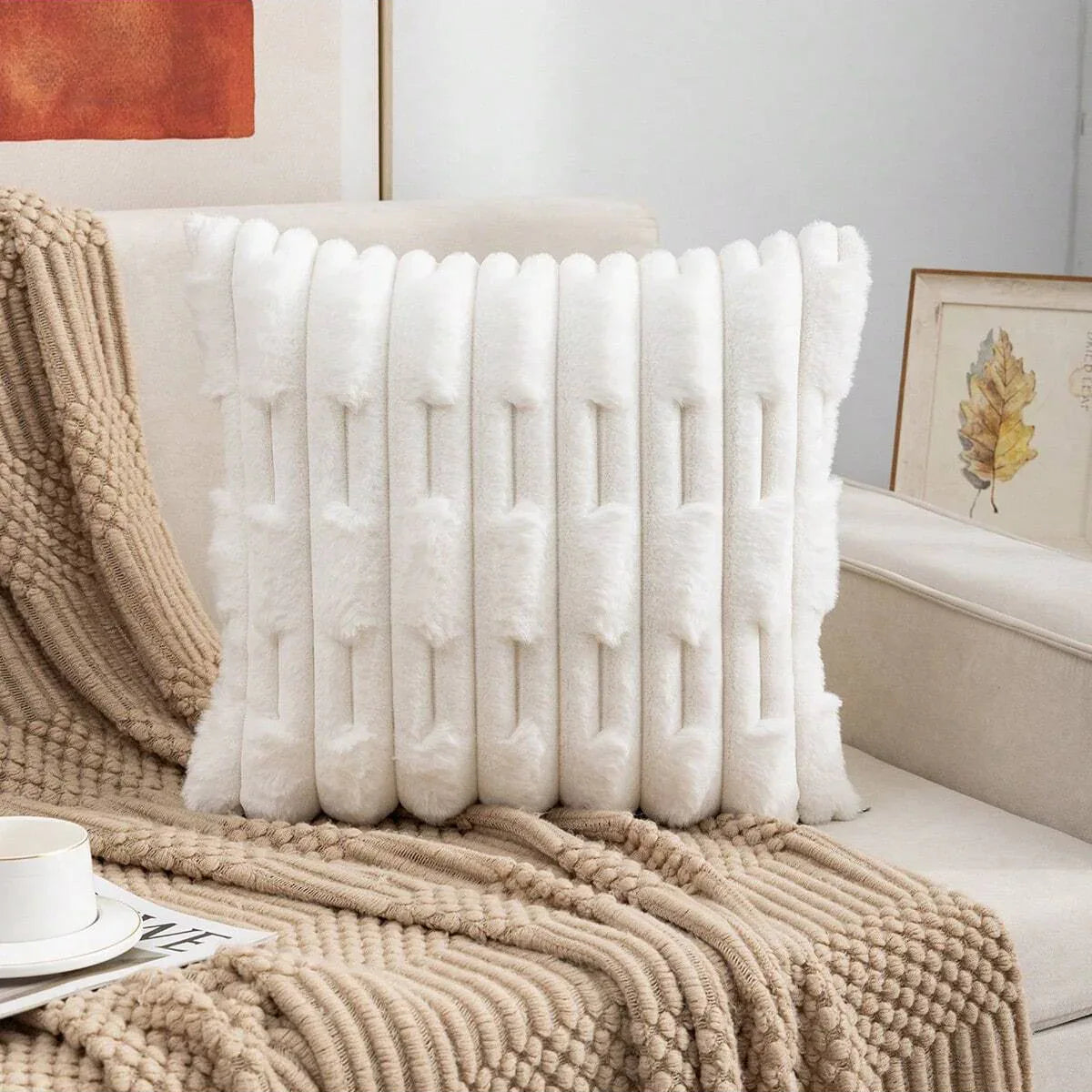 A pair of White Plush Faux Rabbit Fur Throw Pillow Cover - Textured Wheat Ear Design (45x45cm) - Mekamart Australia