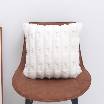 A pair of White Plush Faux Rabbit Fur Throw Pillow Cover - Textured Wheat Ear Design (45x45cm) - Mekamart Australia