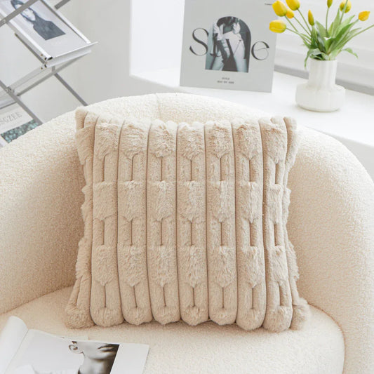 A pair of Khaki Plush Faux Rabbit Fur Throw Pillow Cover - Textured Wheat Ear Design (45x45cm) - Mekamart Australia