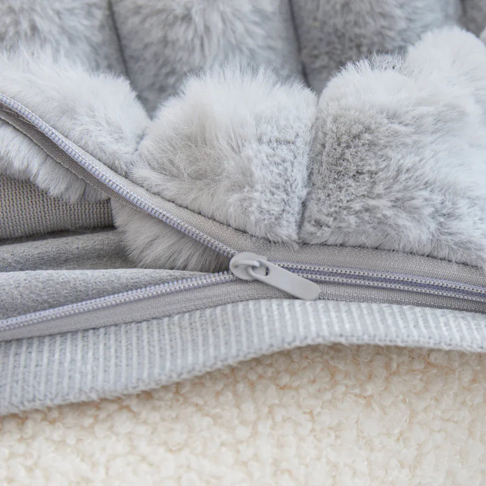 A pair of Khaki Plush Faux Rabbit Fur Throw Pillow Cover - Textured Wheat Ear Design (45x45cm) - Mekamart Australia