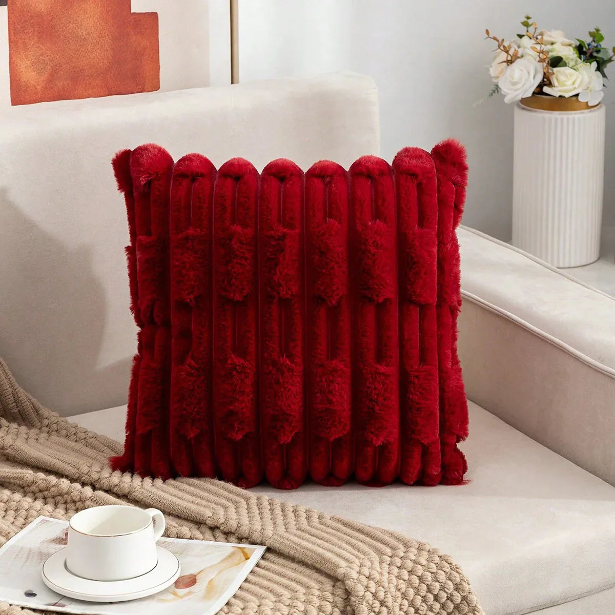 A pair of Red Plush Faux Rabbit Fur Throw Pillow Cover - Textured Wheat Ear Design (45x45cm) - Mekamart Australia