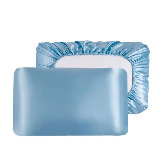 Sky Blue Silky Satin Pillowcase Pair - Smooth for Hair & Skin, Elastic Fitted (46x70+16cm) - Mekamart Australia