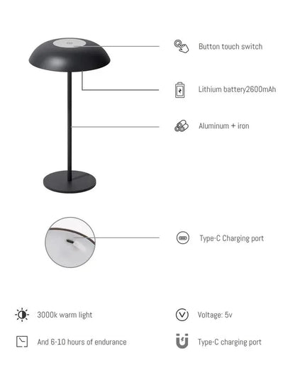 White Minimalist Rechargeable LED Touch Table Lamp - 3-Color Stepless Dimming Metal Desk Light - Mekamart Australia