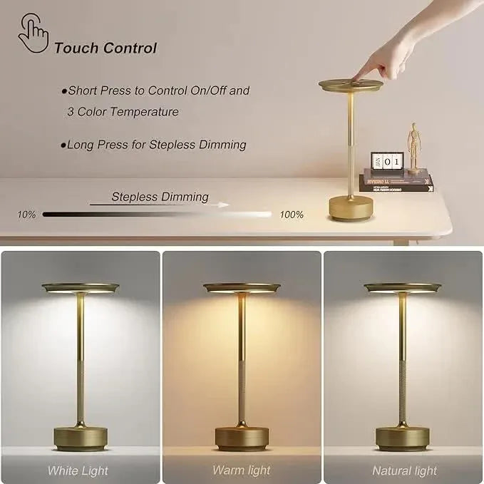 Gold Elegant Aluminum Alloy Rechargeable LED Touch Lamp - 3-Color Dimmable Cordless Table Light - Mekamart Australia