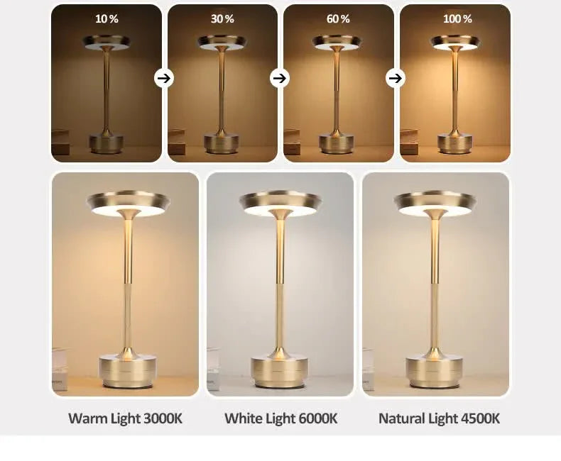 Gold Elegant Aluminum Alloy Rechargeable LED Touch Lamp - 3-Color Dimmable Cordless Table Light - Mekamart Australia