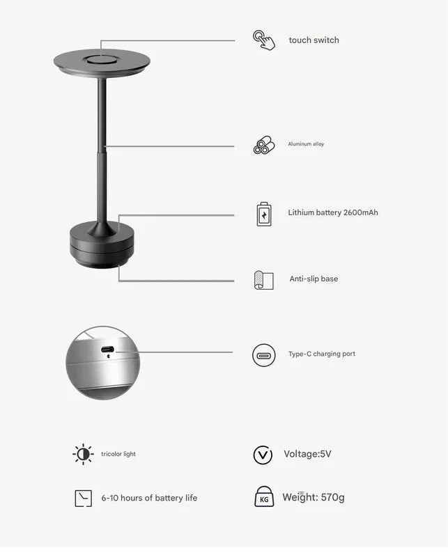 Gold Elegant Aluminum Alloy Rechargeable LED Touch Lamp - 3-Color Dimmable Cordless Table Light - Mekamart Australia