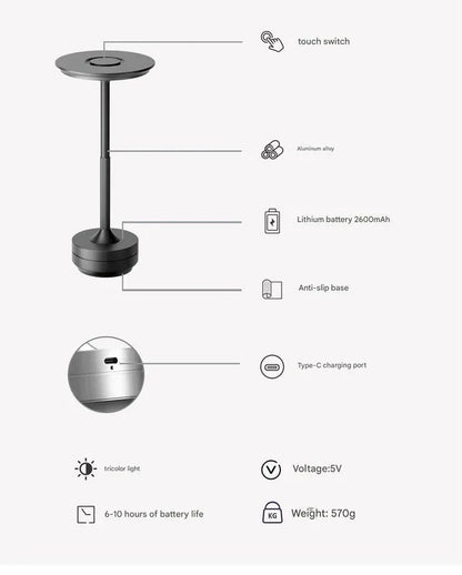 Gold Elegant Aluminum Alloy Rechargeable LED Touch Lamp - 3-Color Dimmable Cordless Table Light - Mekamart Australia