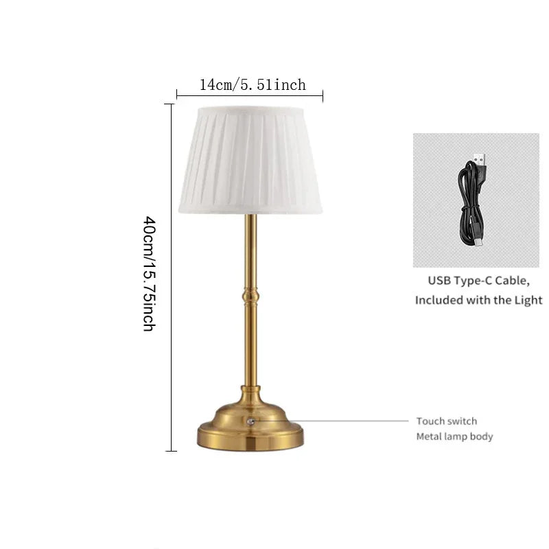 Gold and White Elegant Rechargeable Fabric Shade LED Lamp - Cordless Touch Stepless Dimmable Table Light - Mekamart Australia