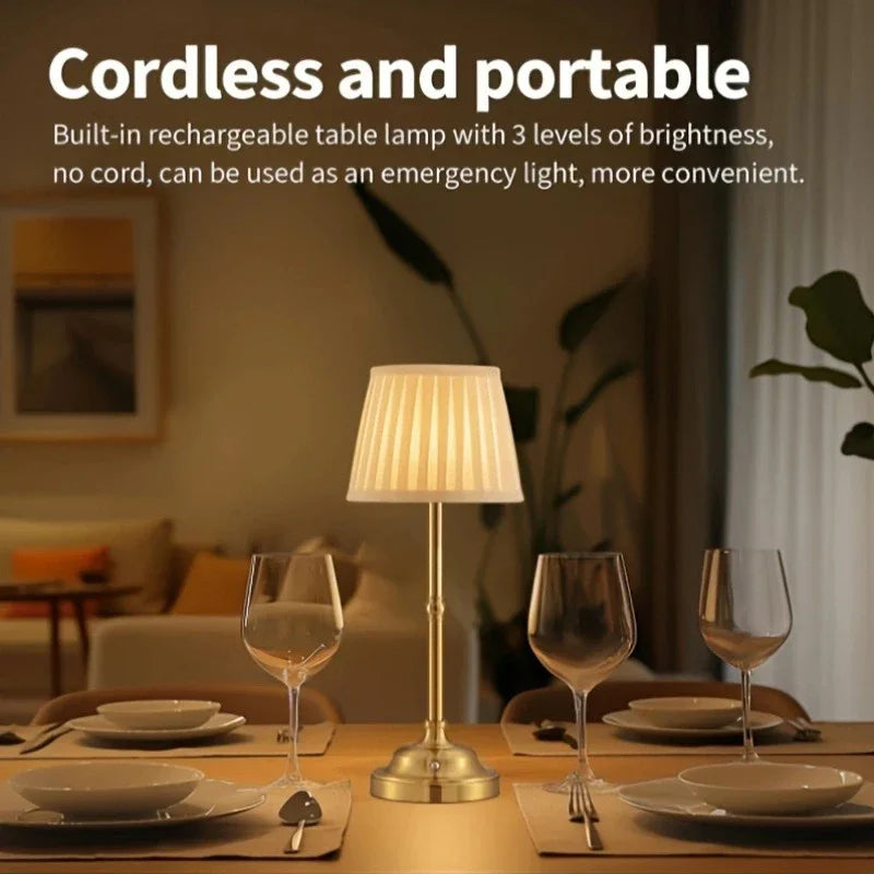 Gold and White Elegant Rechargeable Fabric Shade LED Lamp - Cordless Touch Stepless Dimmable Table Light - Mekamart Australia