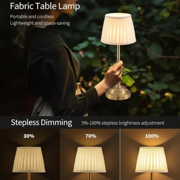Gold and White Elegant Rechargeable Fabric Shade LED Lamp - Cordless Touch Stepless Dimmable Table Light - Mekamart Australia