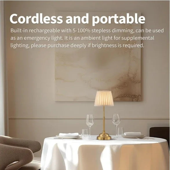 Gold and White Elegant Rechargeable Fabric Shade LED Lamp - Cordless Touch Stepless Dimmable Table Light - Mekamart Australia
