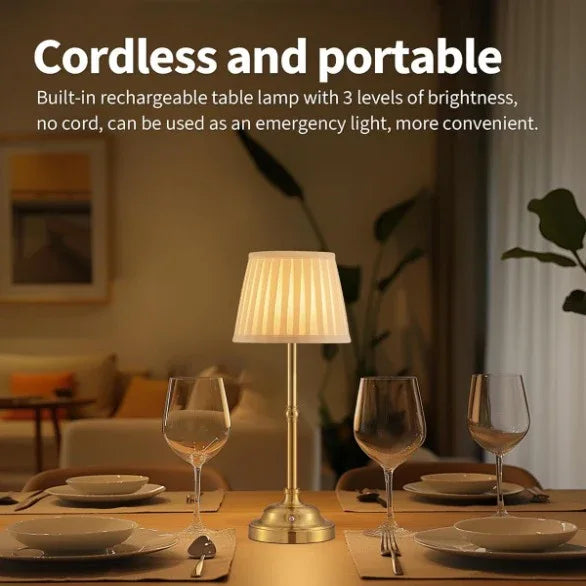 Gold and White Elegant Rechargeable Fabric Shade LED Lamp - Cordless Touch Stepless Dimmable Table Light - Mekamart Australia