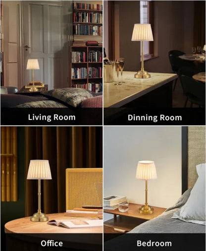 Gold and White Elegant Rechargeable Fabric Shade LED Lamp - Cordless Touch Stepless Dimmable Table Light - Mekamart Australia