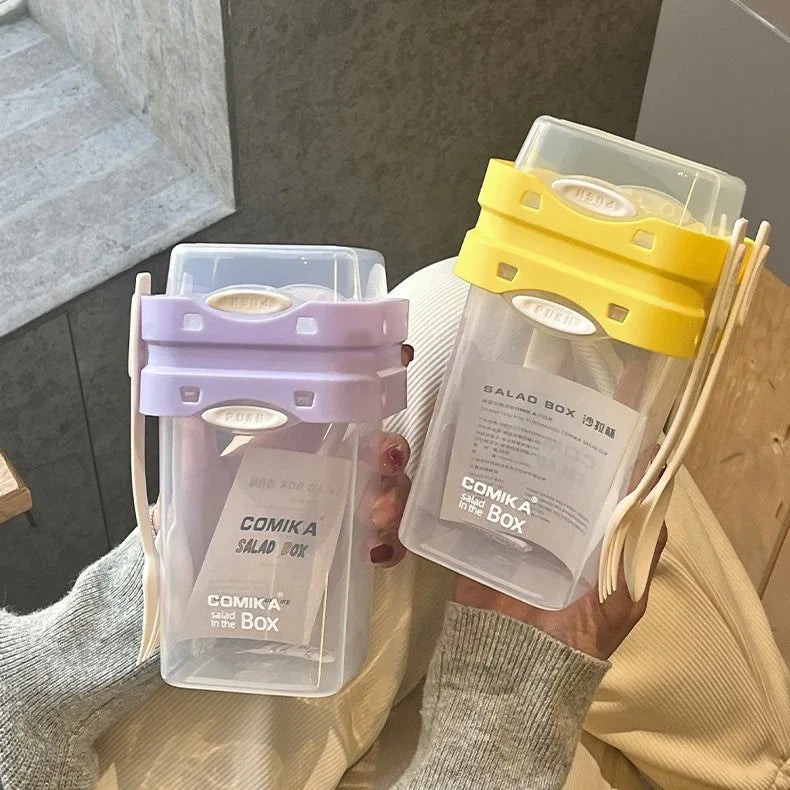 White Portable Salad & Breakfast Cup On-the-Go - Dual Compartment Container with Spork - Mekamart Australia