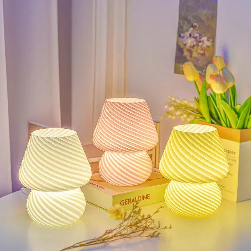 White Retro Swirl Glass Mushroom Table Lamp - USB Powered 3-Level Dimmable Bedside Accent Light - Mekamart Australia