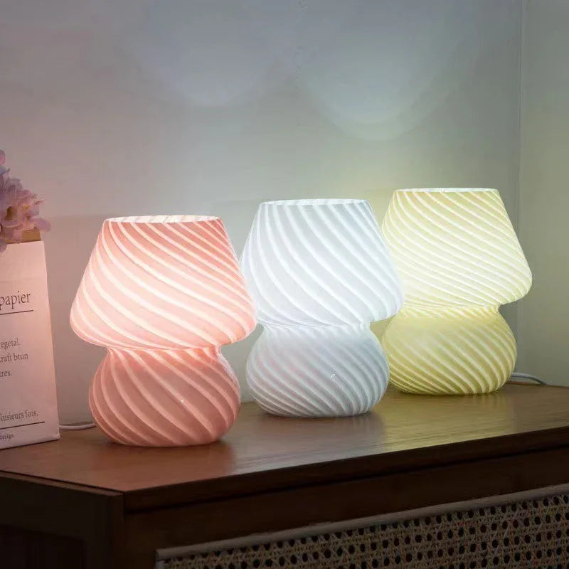 White Retro Swirl Glass Mushroom Table Lamp - USB Powered 3-Level Dimmable Bedside Accent Light - Mekamart Australia