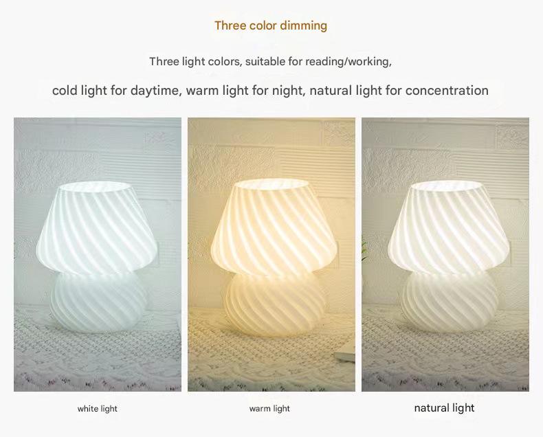 White Retro Swirl Glass Mushroom Table Lamp - USB Powered 3-Level Dimmable Bedside Accent Light - Mekamart Australia