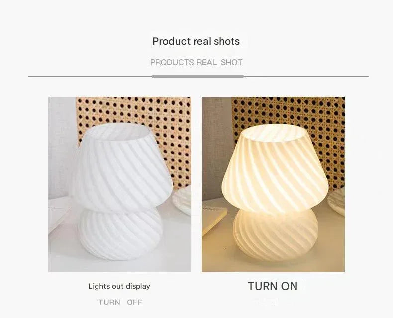 White Retro Swirl Glass Mushroom Table Lamp - USB Powered 3-Level Dimmable Bedside Accent Light - Mekamart Australia