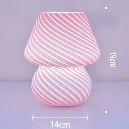 Pink Retro Swirl Glass Mushroom Table Lamp - USB Powered 3-Level Dimmable Bedside Accent Light - Mekamart Australia