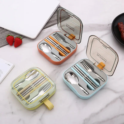 2 Sets Orange And Grey Portable Stainless Steel Cutlery Set - Reusable Utensils (2 Fork, 2 Spoon, 2 pairs of Chopsticks) with Compact Travel Case - Mekamart Australia