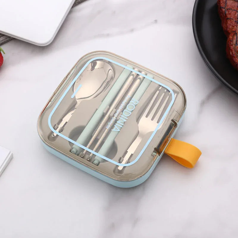 2 Sets Blue And Grey Portable Stainless Steel Cutlery Set - Reusable Utensils (2 Fork, 2 Spoon, 2 pairs of Chopsticks) with Compact Travel Case - Mekamart Australia