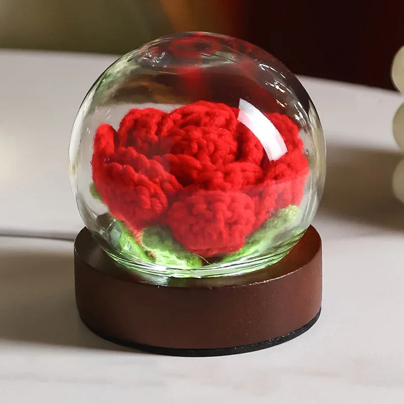 Red Rose Handcrafted Crochet Flower LED Night Light - USB Rechargeable Glass Dome Lamp with Wood Base, 3 Color Modes - Mekamart Australia
