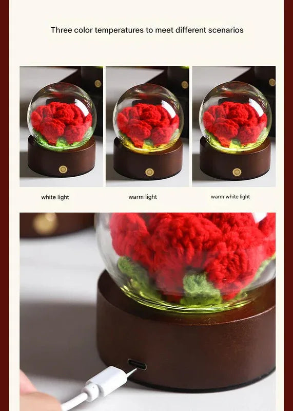 Red Rose Handcrafted Crochet Flower LED Night Light - USB Rechargeable Glass Dome Lamp with Wood Base, 3 Color Modes - Mekamart Australia