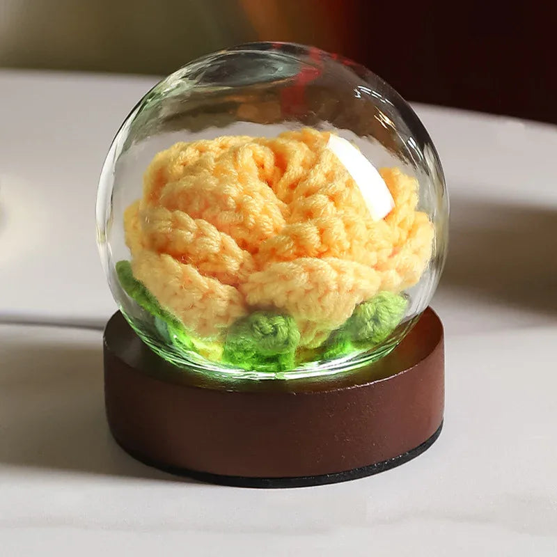 Yellow Rose Handcrafted Crochet Flower LED Night Light - USB Rechargeable Glass Dome Lamp with Wood Base, 3 Color Modes - Mekamart Australia