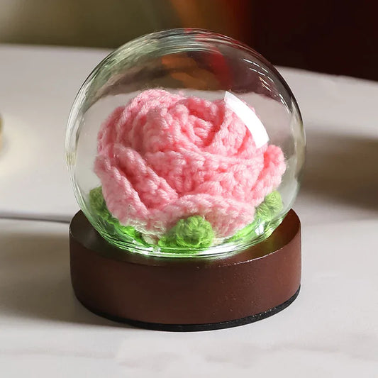 Pink Rose Handcrafted Crochet Flower LED Night Light - USB Rechargeable Glass Dome Lamp with Wood Base, 3 Color Modes - Mekamart Australia