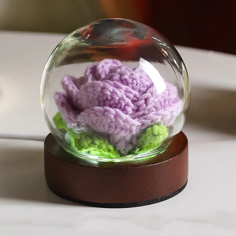 Purple Rose Handcrafted Crochet Flower LED Night Light - USB Rechargeable Glass Dome Lamp with Wood Base, 3 Color Modes - Mekamart Australia