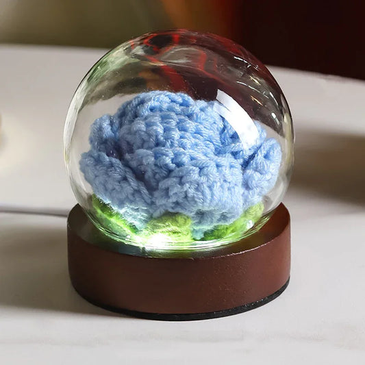 Blue Rose Handcrafted Crochet Flower LED Night Light - USB Rechargeable Glass Dome Lamp with Wood Base, 3 Color Modes - Mekamart Australia