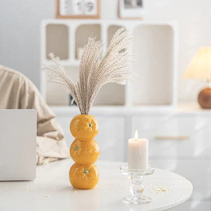 Bright Yellow Whimsical Stacked Orange Ceramic Vase - Modern Nordic Tabletop Decor - Mekamart Australia