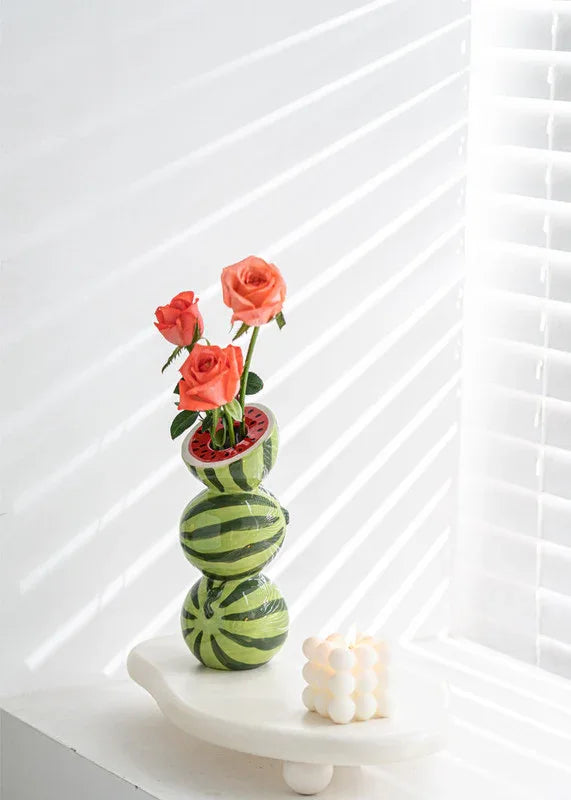 Bright Yellow Whimsical Stacked Orange Ceramic Vase - Modern Nordic Tabletop Decor - Mekamart Australia