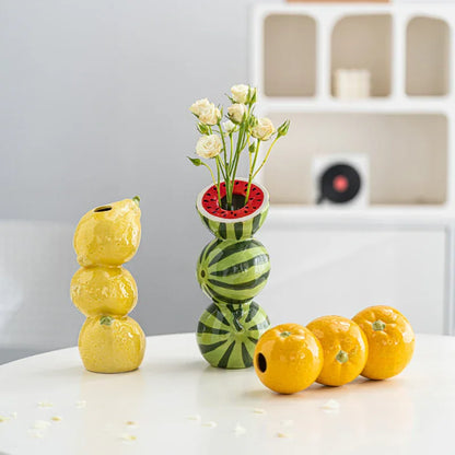 Green and Red Whimsical Stacked Watermelon Ceramic Vase - Novelty Tabletop Decor - Mekamart Australia