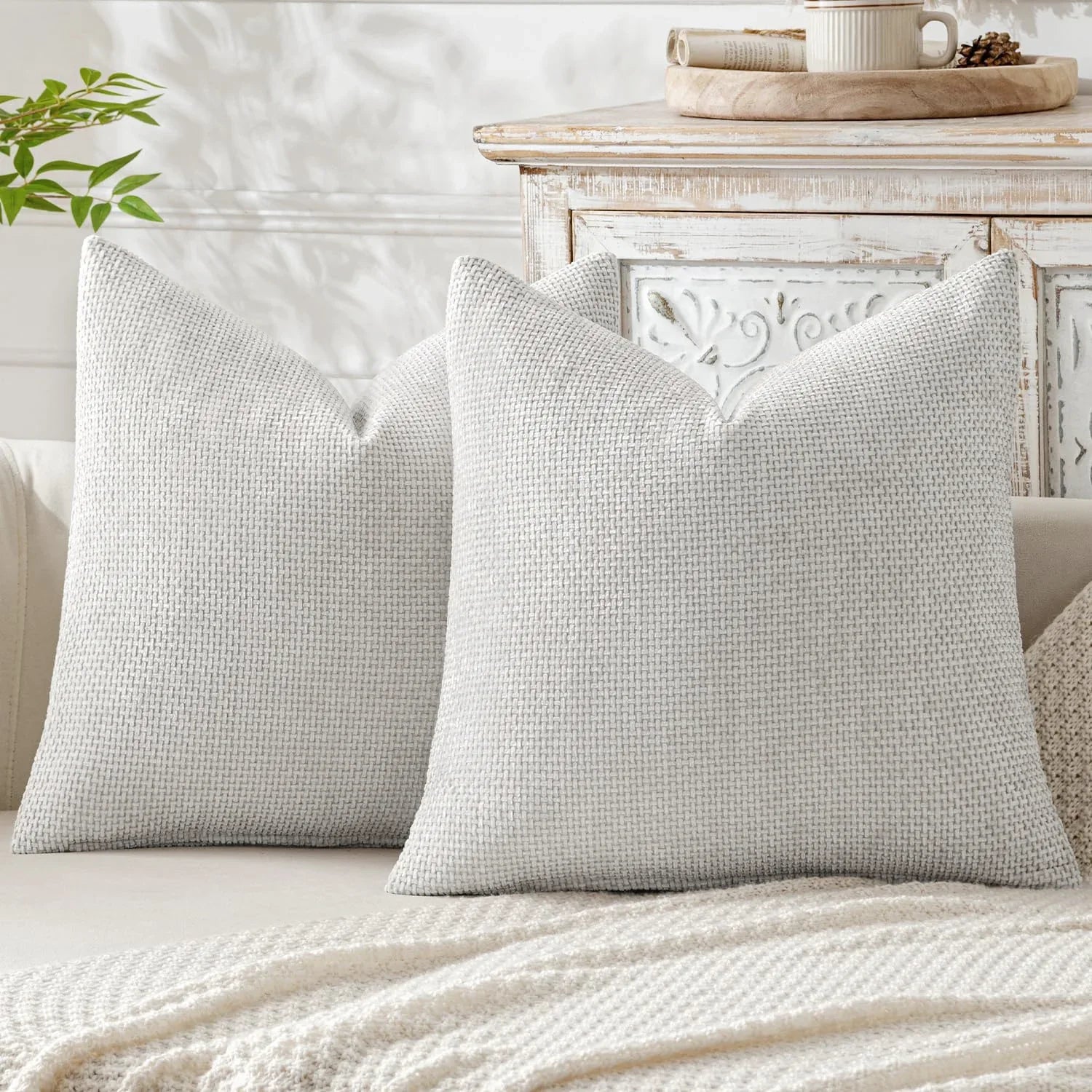 Light Grey Plush Chenille Cushion Covers Set of 2 - Soft Textured Decorative Throw Pillow Cases for Sofa Couch, 45x45cm - Mekamart Australia
