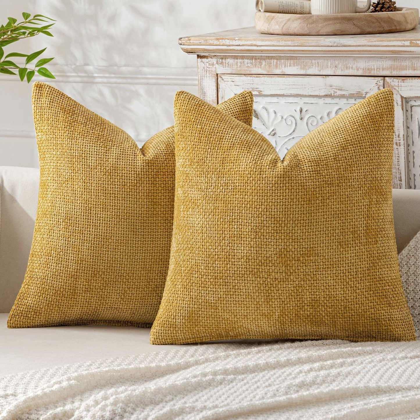 Yellow Plush Chenille Cushion Covers Set of 2 - Soft Textured Decorative Throw Pillow Cases for Sofa Couch, 45x45cm - Mekamart Australia