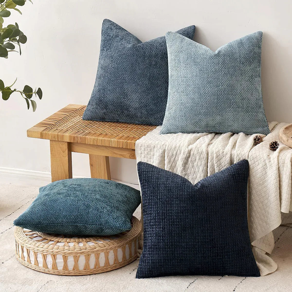 Yellow Plush Chenille Cushion Covers Set of 2 - Soft Textured Decorative Throw Pillow Cases for Sofa Couch, 45x45cm - Mekamart Australia