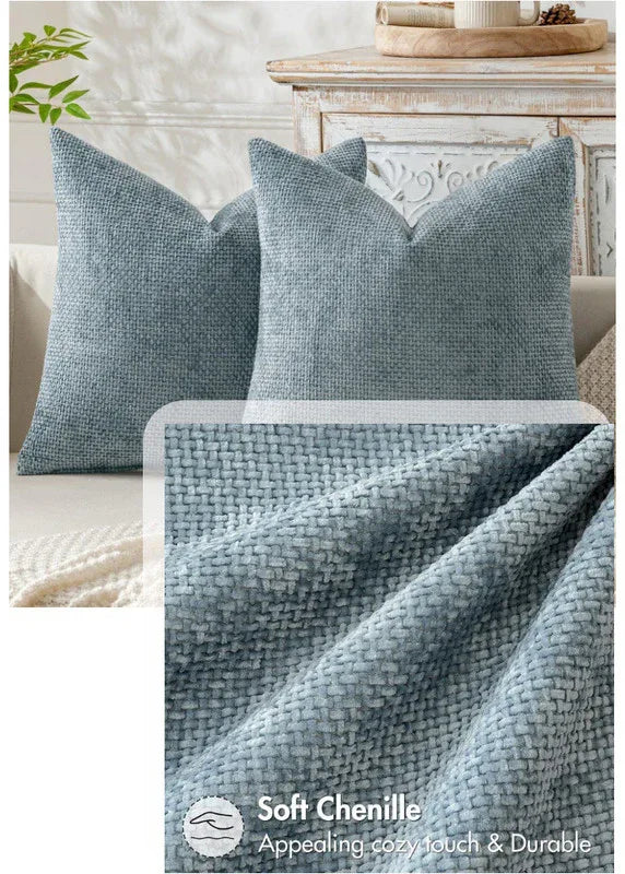 Dark Blue Plush Chenille Cushion Covers Set of 2 - Soft Textured Decorative Throw Pillow Cases for Sofa Couch, 45x45cm - Mekamart Australia