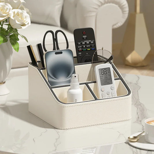 White and Black Stylish PU Leather Desktop Organizer Caddy - Multi-Compartment Holder for Remotes, Office Supplies, Makeup - Mekamart Australia
