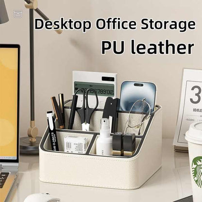 Beige and Black Stylish PU Leather Desktop Organizer Caddy - Multi-Compartment Holder for Remotes, Office Supplies, Makeup - Mekamart Australia
