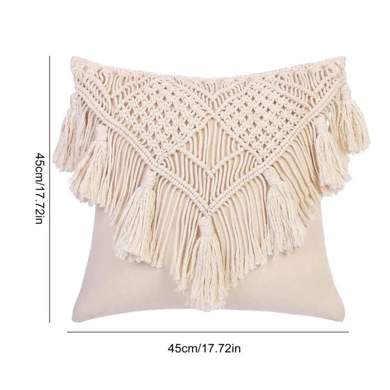 Beige Boho Chic Macrame Cushion Cover - Handmade Woven Cotton Linen Pillow Case with Tassels - Decorative Throw Pillow Sham 45x45cm (Cover Only) - Mekamart Australia