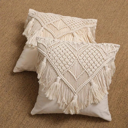 Beige Boho Chic Macrame Cushion Cover - Handmade Woven Cotton Linen Pillow Case with Tassels - Decorative Throw Pillow Sham 45x45cm (Cover Only) - Mekamart Australia