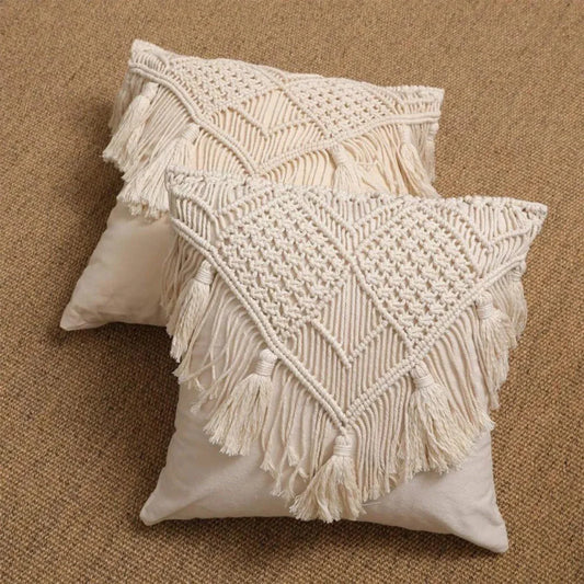 Beige Boho Chic Macrame Cushion Cover - Handmade Woven Cotton Linen Pillow Case with Tassels - Decorative Throw Pillow Sham 45x45cm (Cover Only) - Mekamart Australia