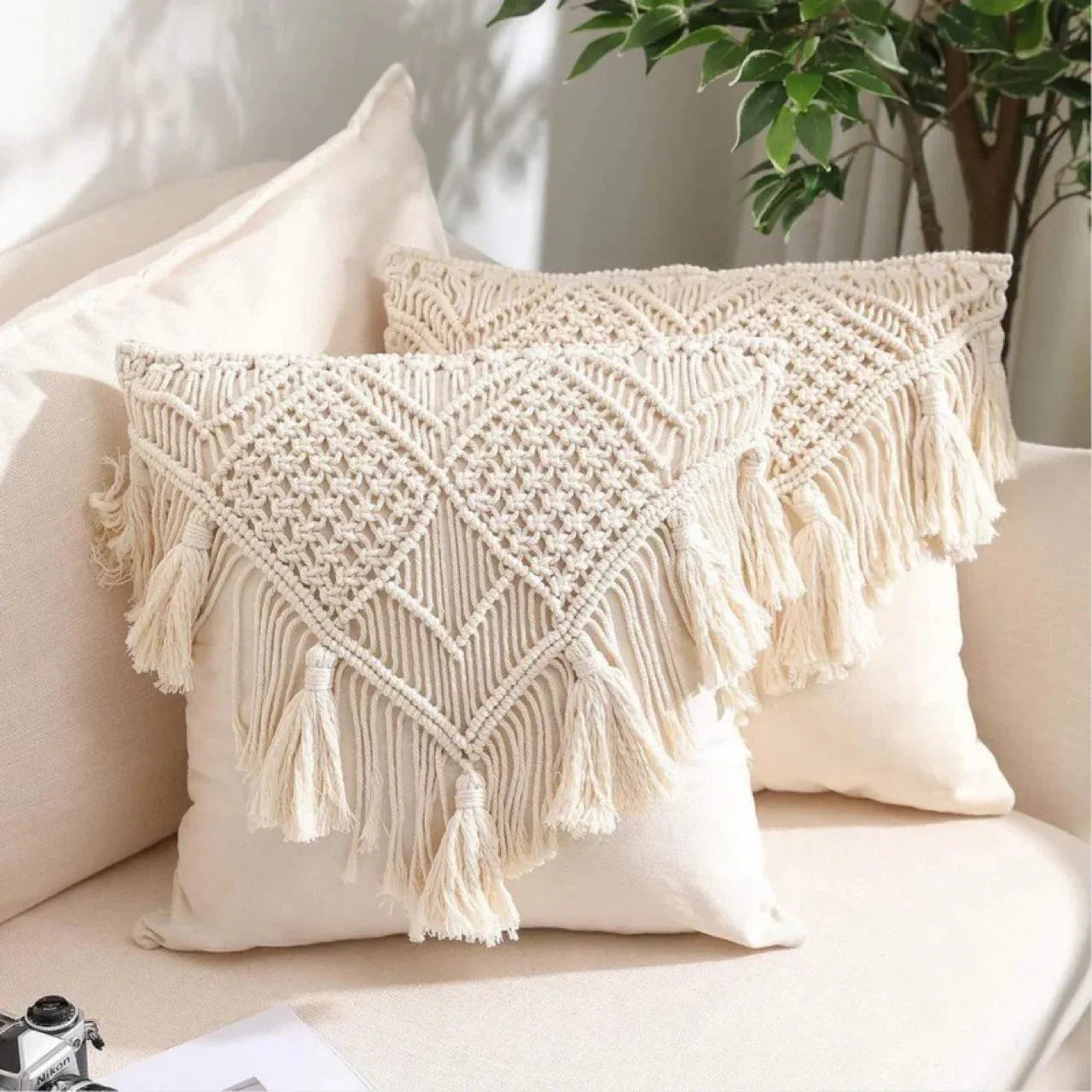 Beige Boho Chic Macrame Cushion Cover - Handmade Woven Cotton Linen Pillow Case with Tassels - Decorative Throw Pillow Sham 45x45cm (Cover Only) - Mekamart Australia