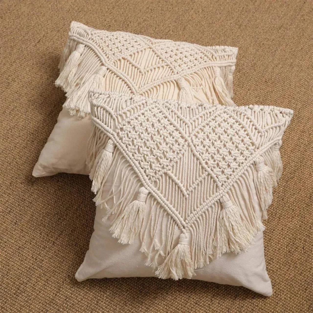 Black Boho Chic Macrame Cushion Cover - Handmade Woven Cotton Linen Pillow Case with Tassels - Decorative Throw Pillow Sham 45x45cm (Cover Only) - Mekamart Australia