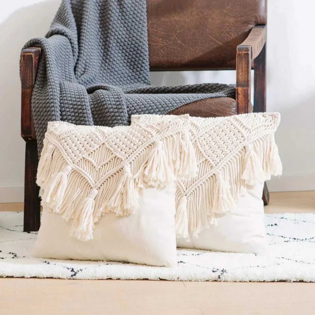 Black Boho Chic Macrame Cushion Cover - Handmade Woven Cotton Linen Pillow Case with Tassels - Decorative Throw Pillow Sham 45x45cm (Cover Only) - Mekamart Australia