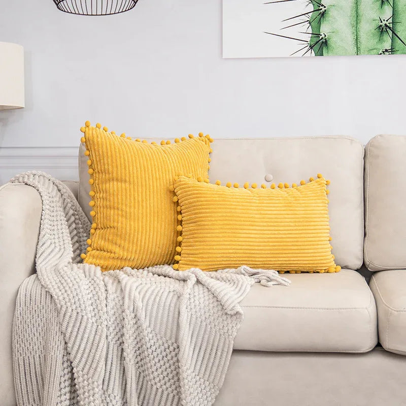 Yellow Soft Corduroy Cushion Cover Set (1 Square + 1 Rectangular) with Pom Pom Trim - Decorative Throw Pillow Cases for Sofa Couch - Mekamart Australia