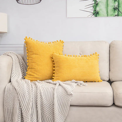 Yellow Soft Corduroy Cushion Cover Set (1 Square + 1 Rectangular) with Pom Pom Trim - Decorative Throw Pillow Cases for Sofa Couch - Mekamart Australia