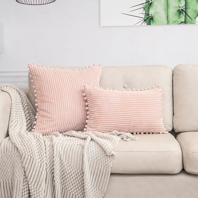 Pink Soft Corduroy Cushion Cover Set (1 Square + 1 Rectangular) with Pom Pom Trim - Decorative Throw Pillow Cases for Sofa Couch - Mekamart Australia